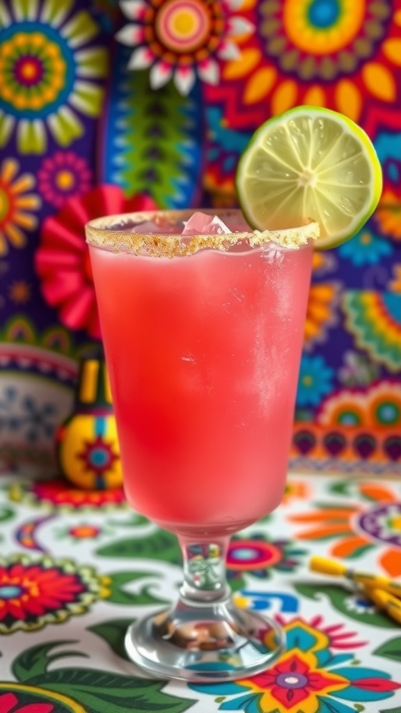 Vibrant Fiesta Fresca Drink for Cinco de Mayo A refreshing Fiesta Fresca drink with watermelon juice, garnished with a lime wedge and tajín rim, set against a vibrant Mexican-themed backdrop.